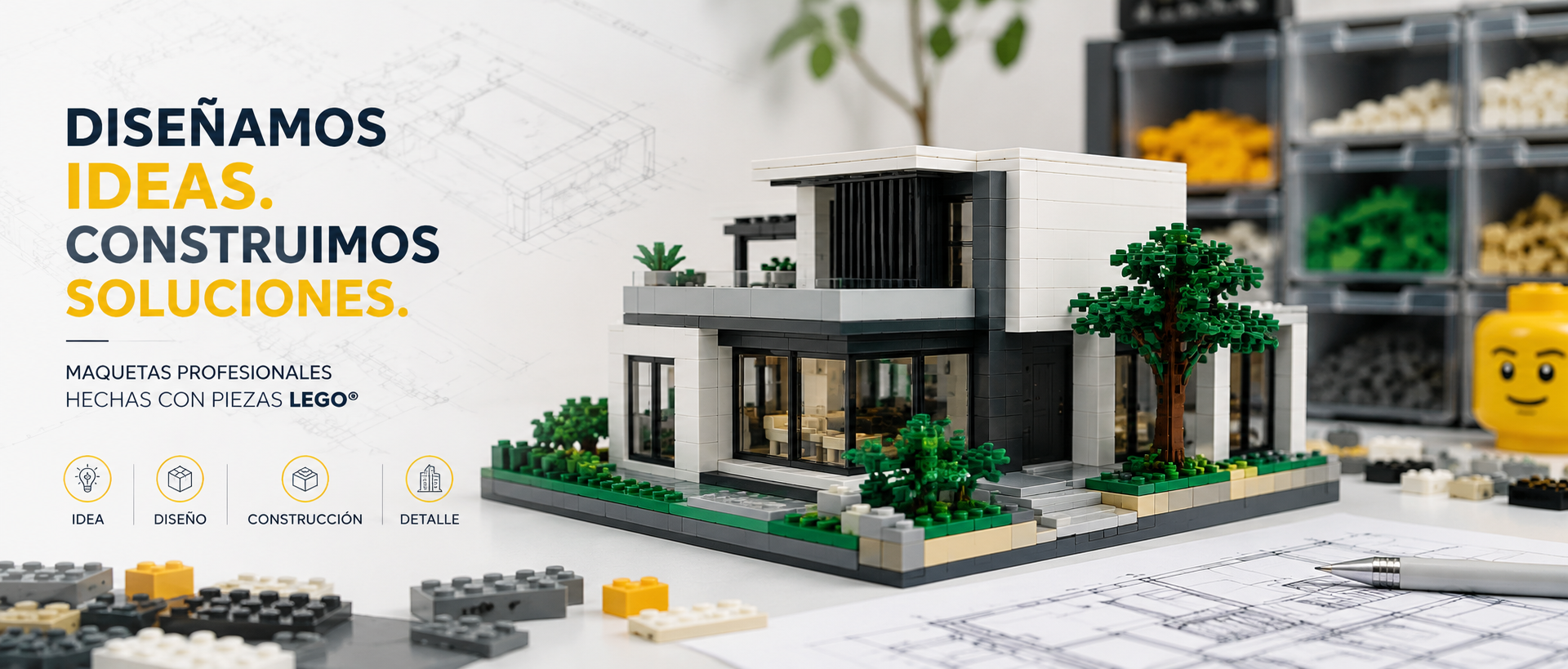 Brick Design: Diseñamos maquetas y las realizamos con piezas LEGO Maqueta de una casa hecha con bloques de construcción, rodeada de plantas y herramientas.